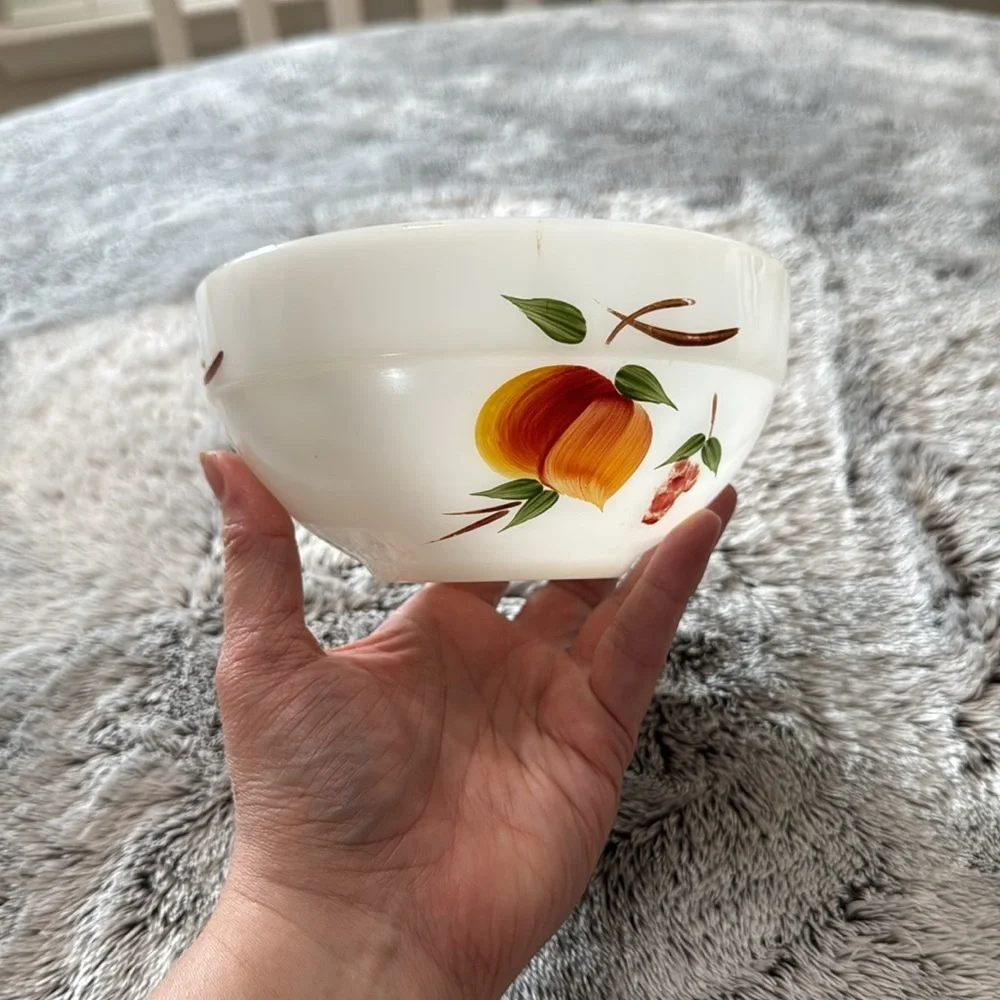 VTG Anchor Hocking Fire King Gay Fad Fruit Pattern Hand Painted White Milk Glass